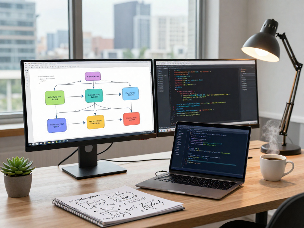 Data scientist analyzing juicy ai outputs in a modern tech workspace with dual monitors and vibrant flowcharts.