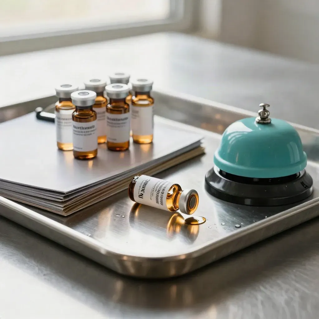 Macro clinical intake tray, sample vials, steel clipboards and a token bell on brushed steel.