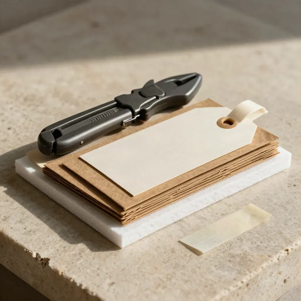 Dispatch kit with box cutter, parcel tags, kraft protectors and foam on pale stone