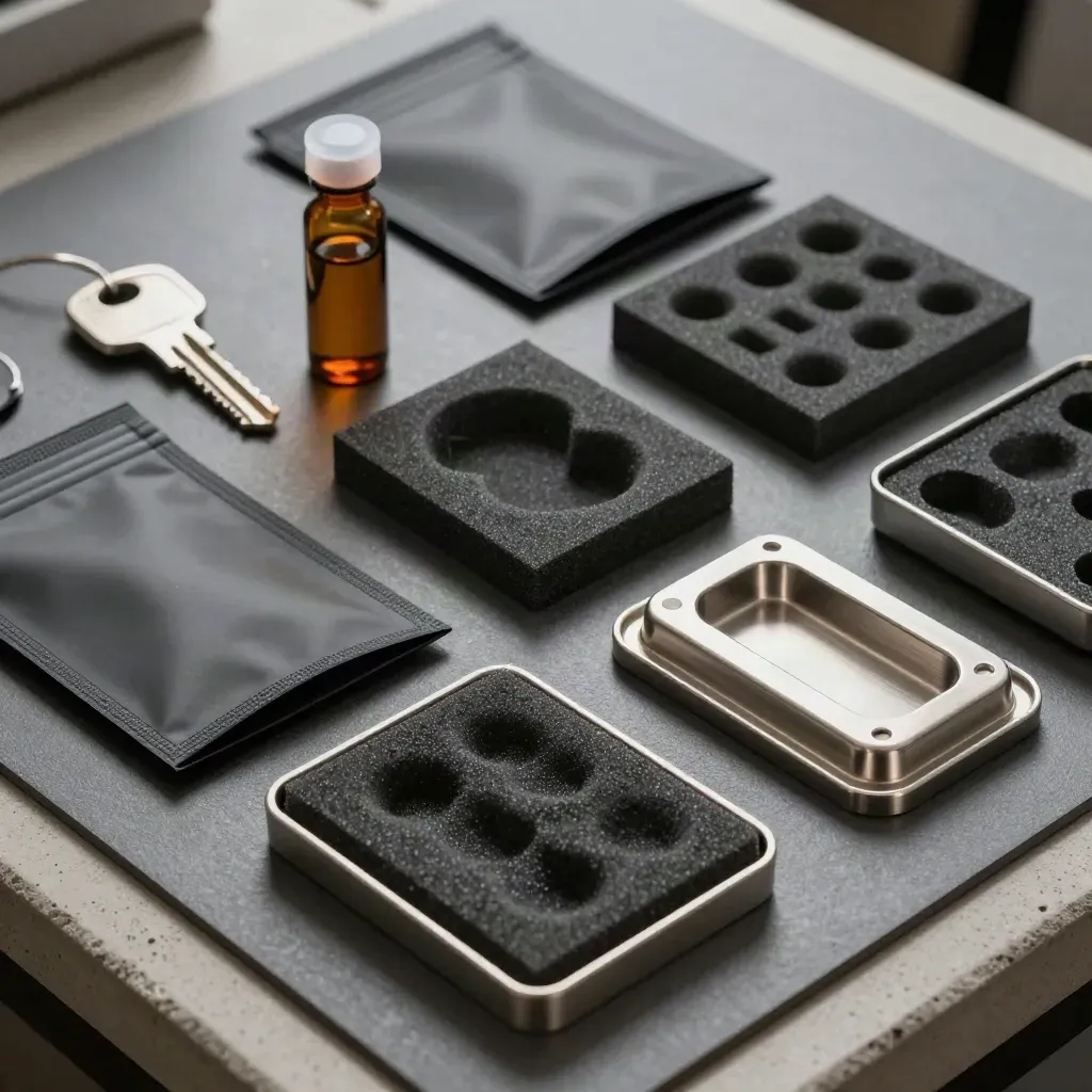 Top-down lab sample kit with vials, anti-static pouches and trays on brushed metal.