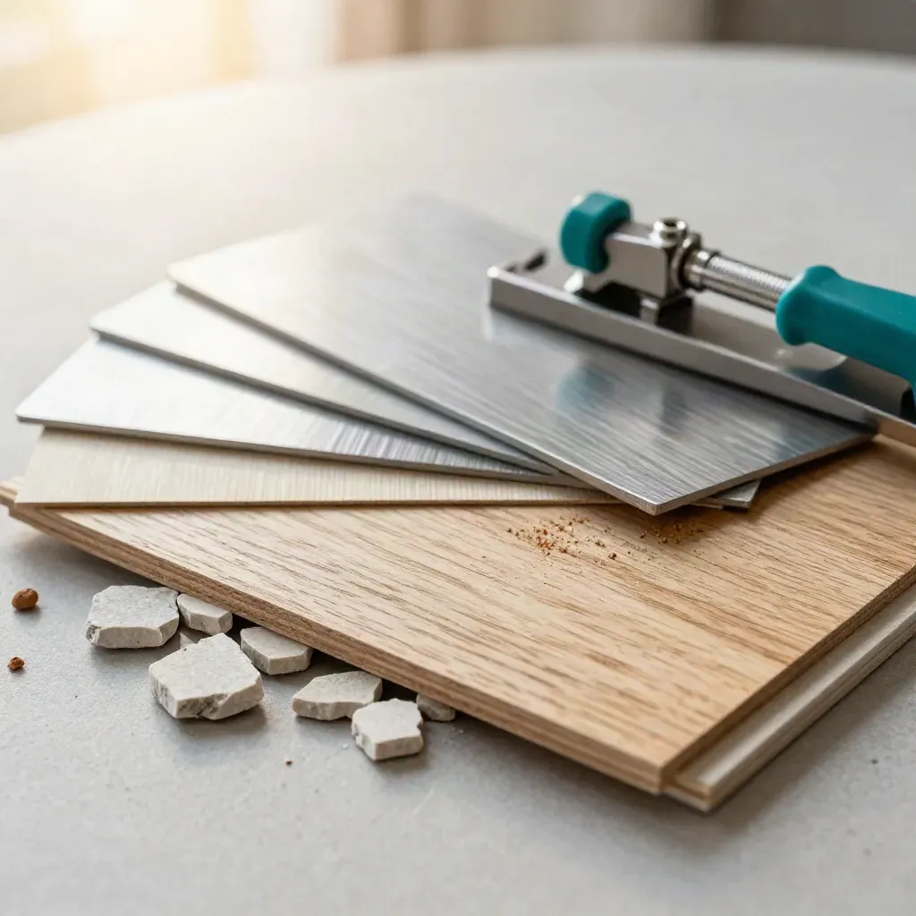 Macro still life of veneer, limestone, aluminium samples and a joinery gauge on pale wood.