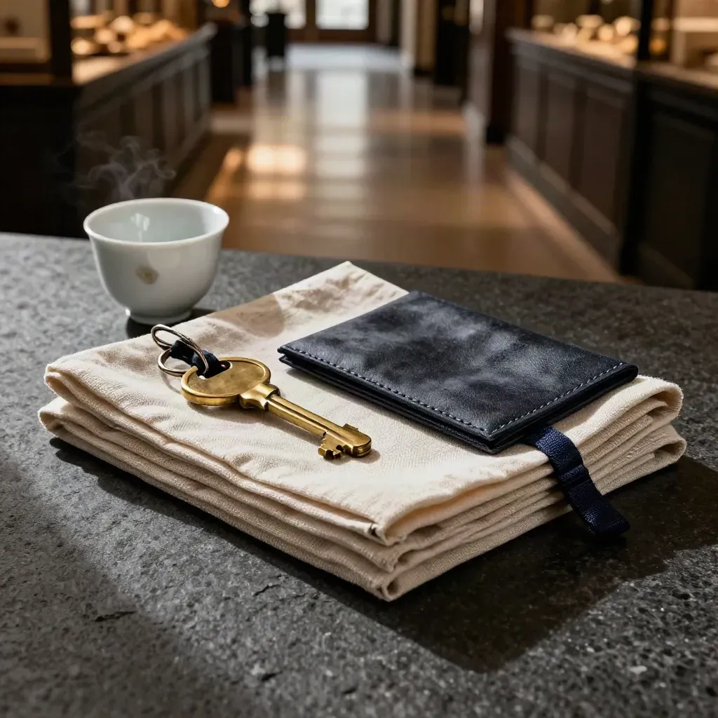 Hospitality kit of linen, porcelain cup, brass key fob and folio sleeve on charcoal stone.