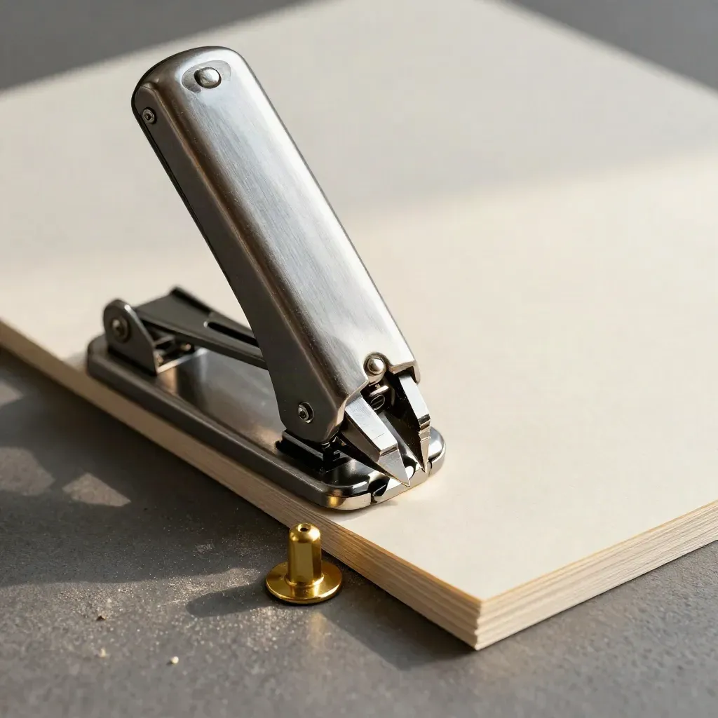 Macro of a paper punch, blank cards, brass posts and paper dust on graphite.