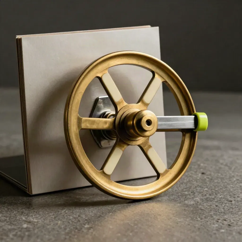 Brass booking wheel with blank tabs and metal divider on stone, lit dramatically.