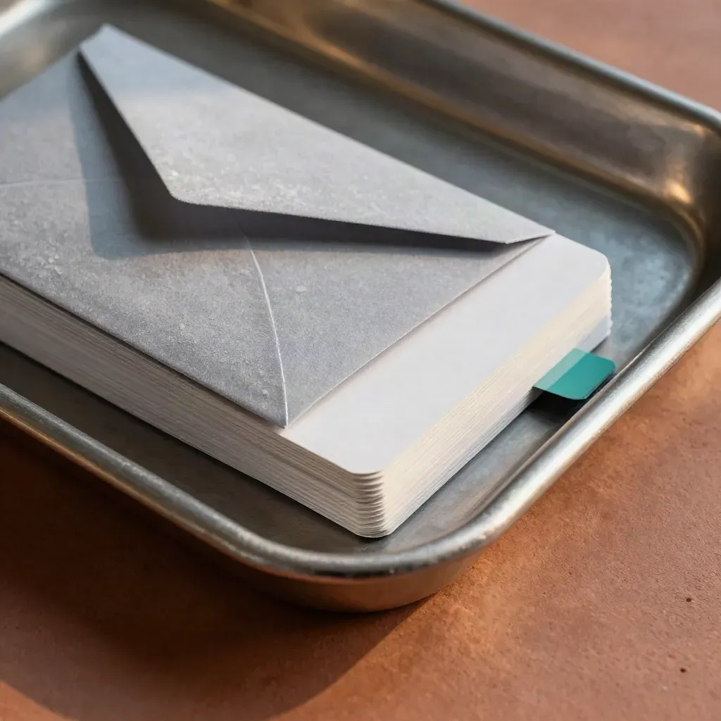 Stainless intake tray with frosted sleeves and blank cards on terracotta clay