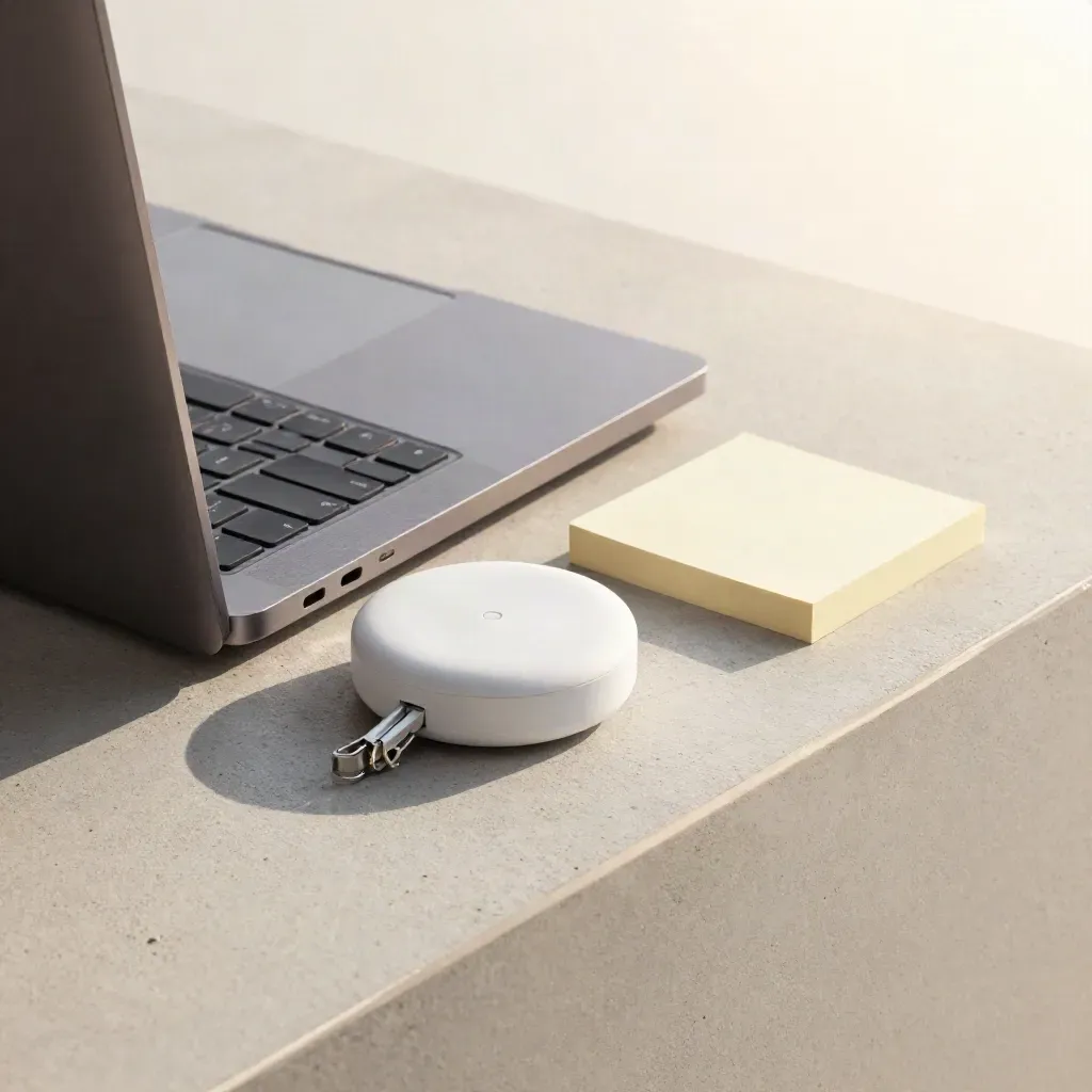 Closed laptop, wireless charger, cable clips and sticky-note cube on pale concrete, through frosted acrylic.