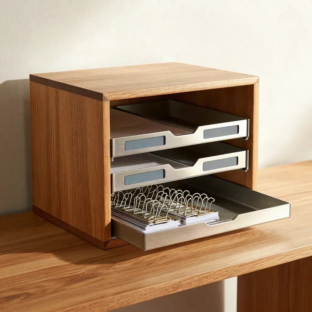 Metal inbox trays, slate tabs, modular bins and clip stack on warm oak, close and textless.