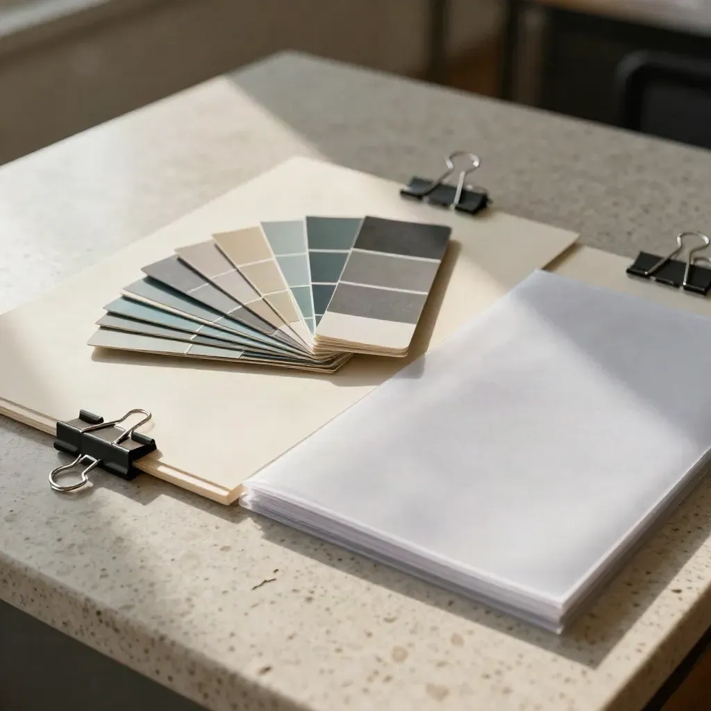 Agency review still life with swatch fan, boards, binder clips, and portfolio sleeve.