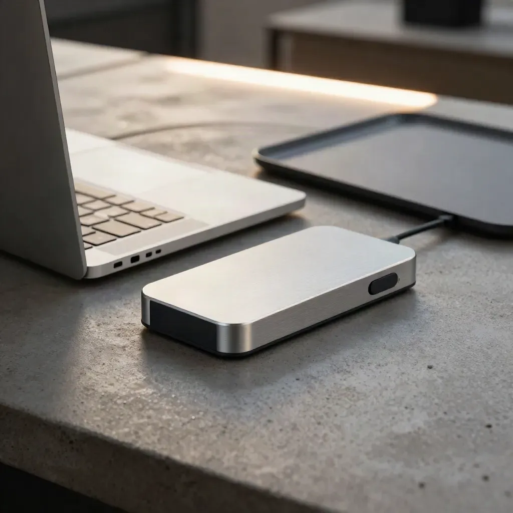 Closed aluminium laptop with comms dock, cable clips and desk tray on concrete with soft bokeh.