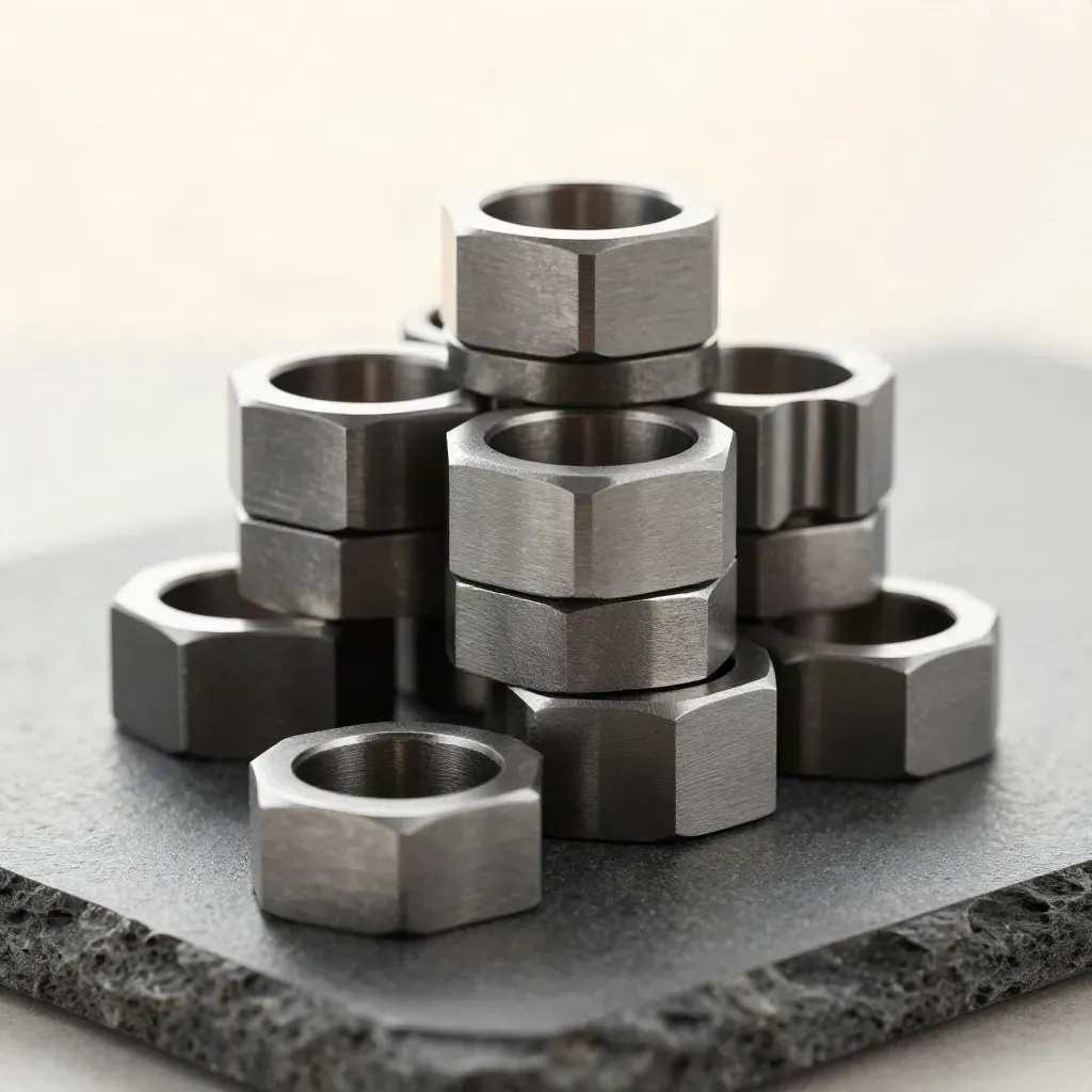 Linked metal rings and machined blocks on brushed stone, lit dramatically in a premium still life.