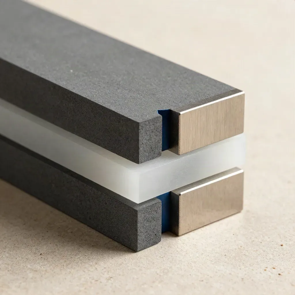 Graphite blocks and frosted spacer align on warm limestone under soft light.