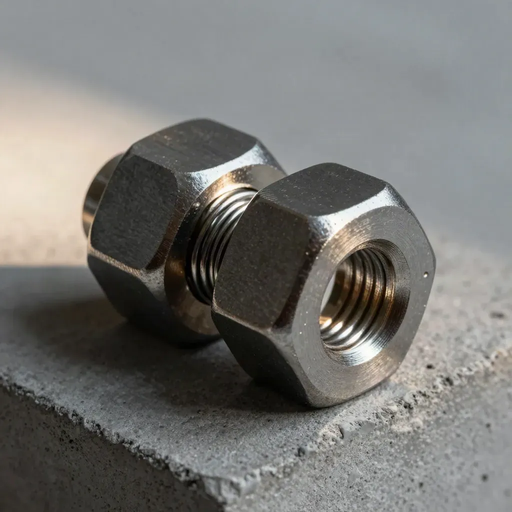 Macro of brushed steel couplings, spring clips, and polished nodes locking together.