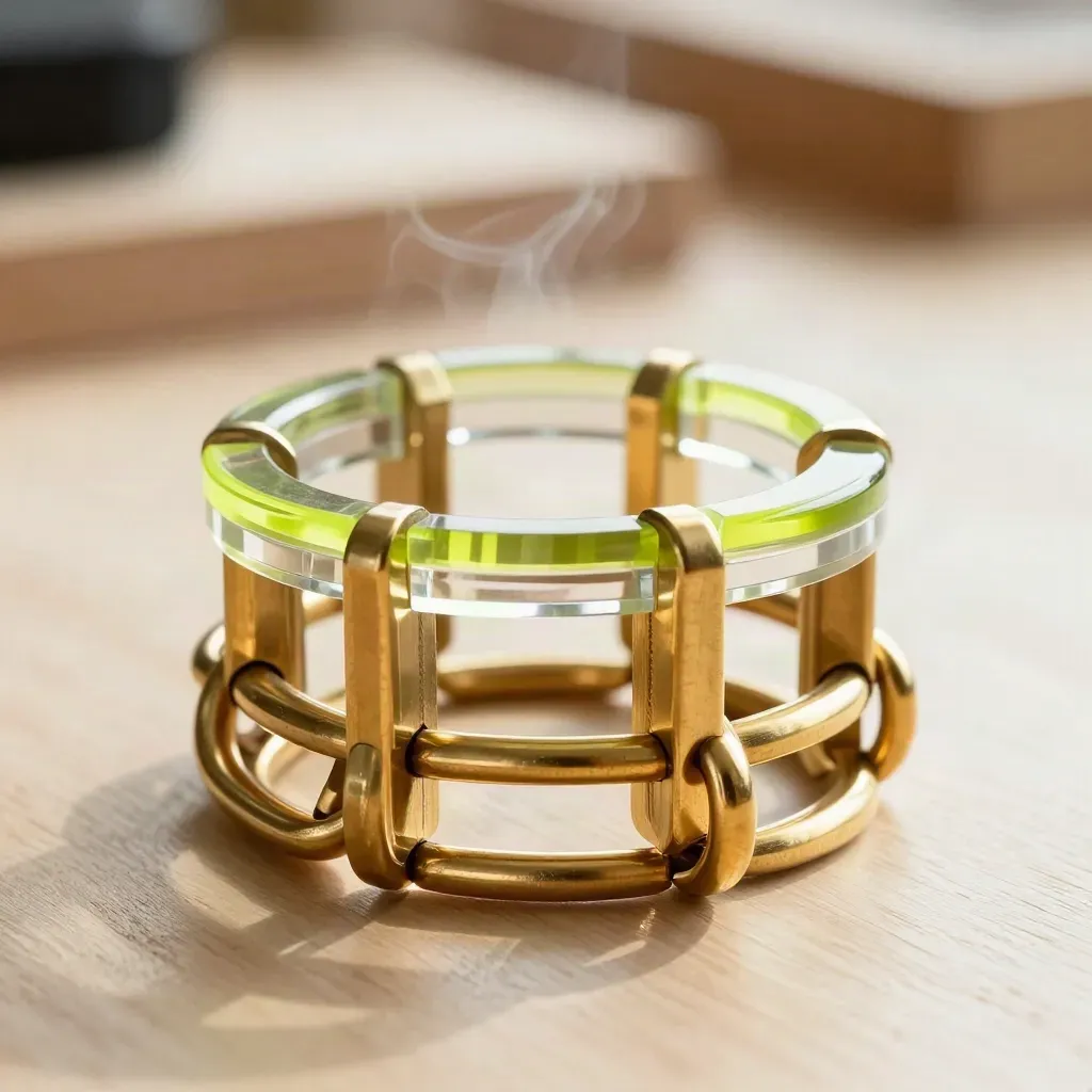Brass rails, acrylic spacers, and linked rings on pale wood in soft light
