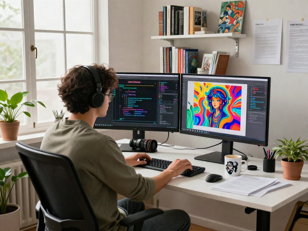 AI NSFW content generation workspace with vibrant artworks and dual monitors.
